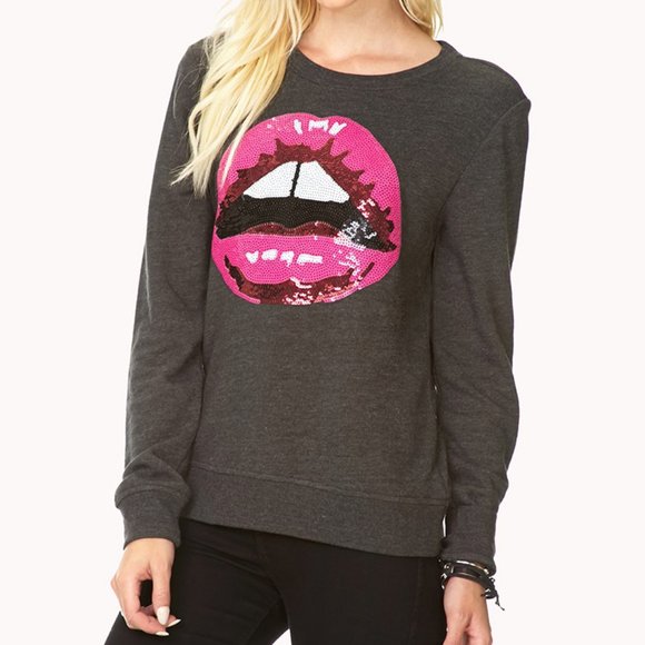 F21 Sequin Lips Crew Neck Sweatshirt - Picture 6 of 7